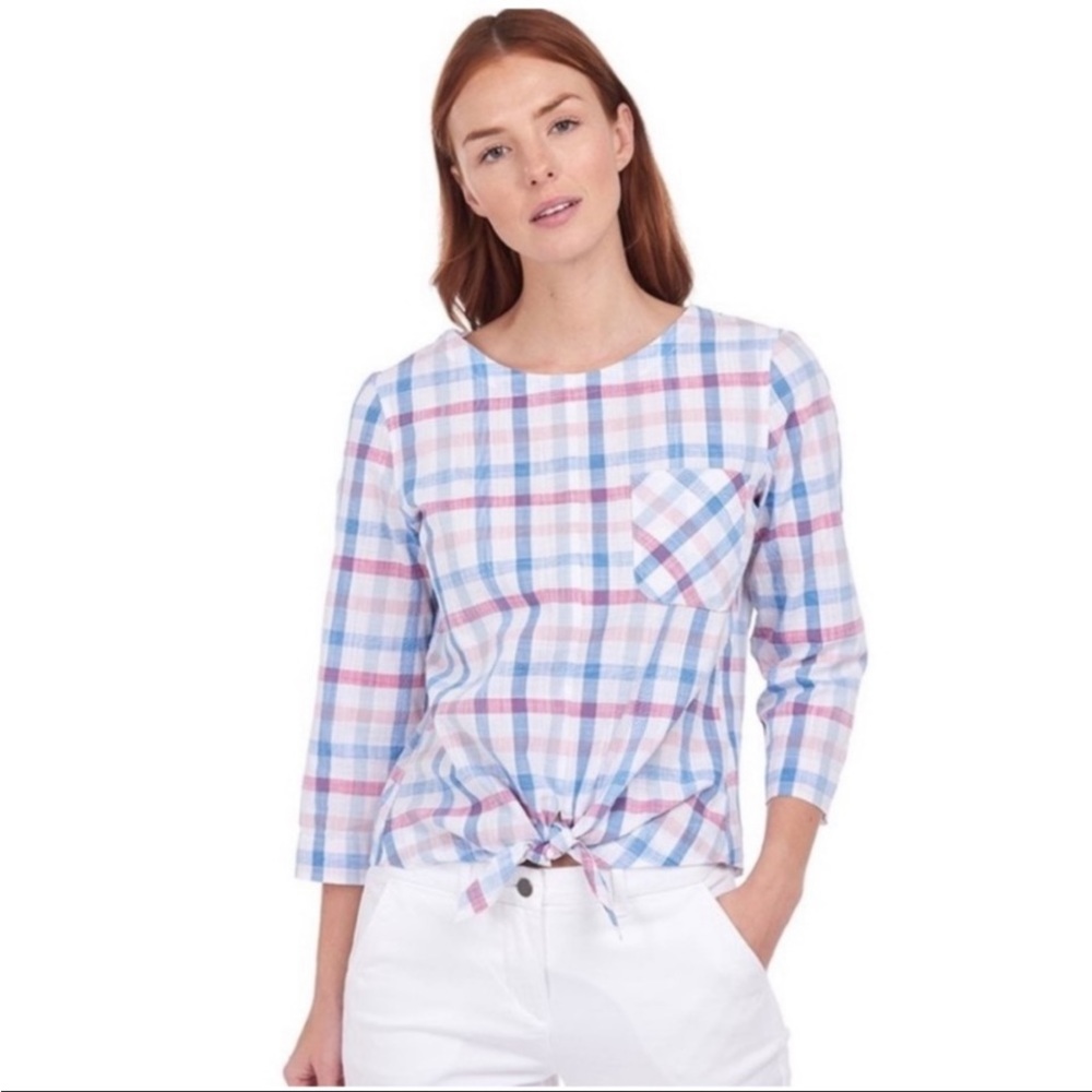 Barbour Harborside Plaid Tie Front Cotton Top Size US 12